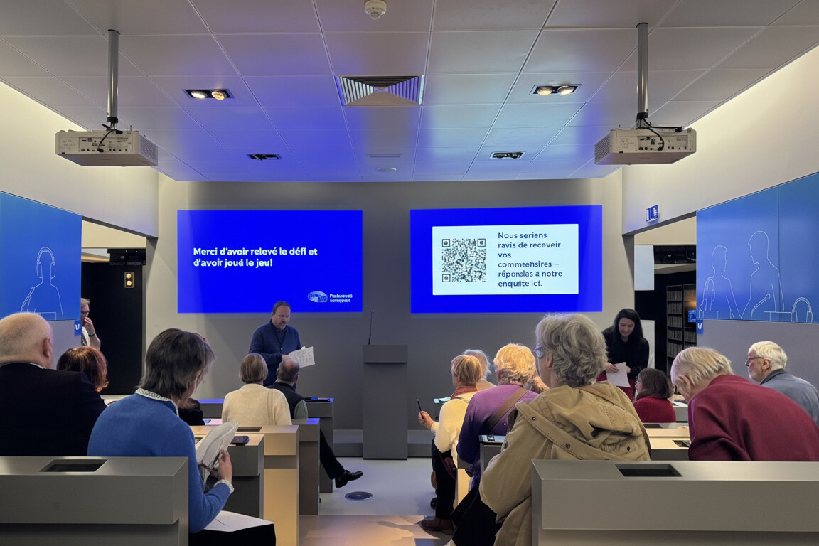 Role Play Game senior deltakere sitter med ryggen mot kamera og ansiktet mot to store skjermer.