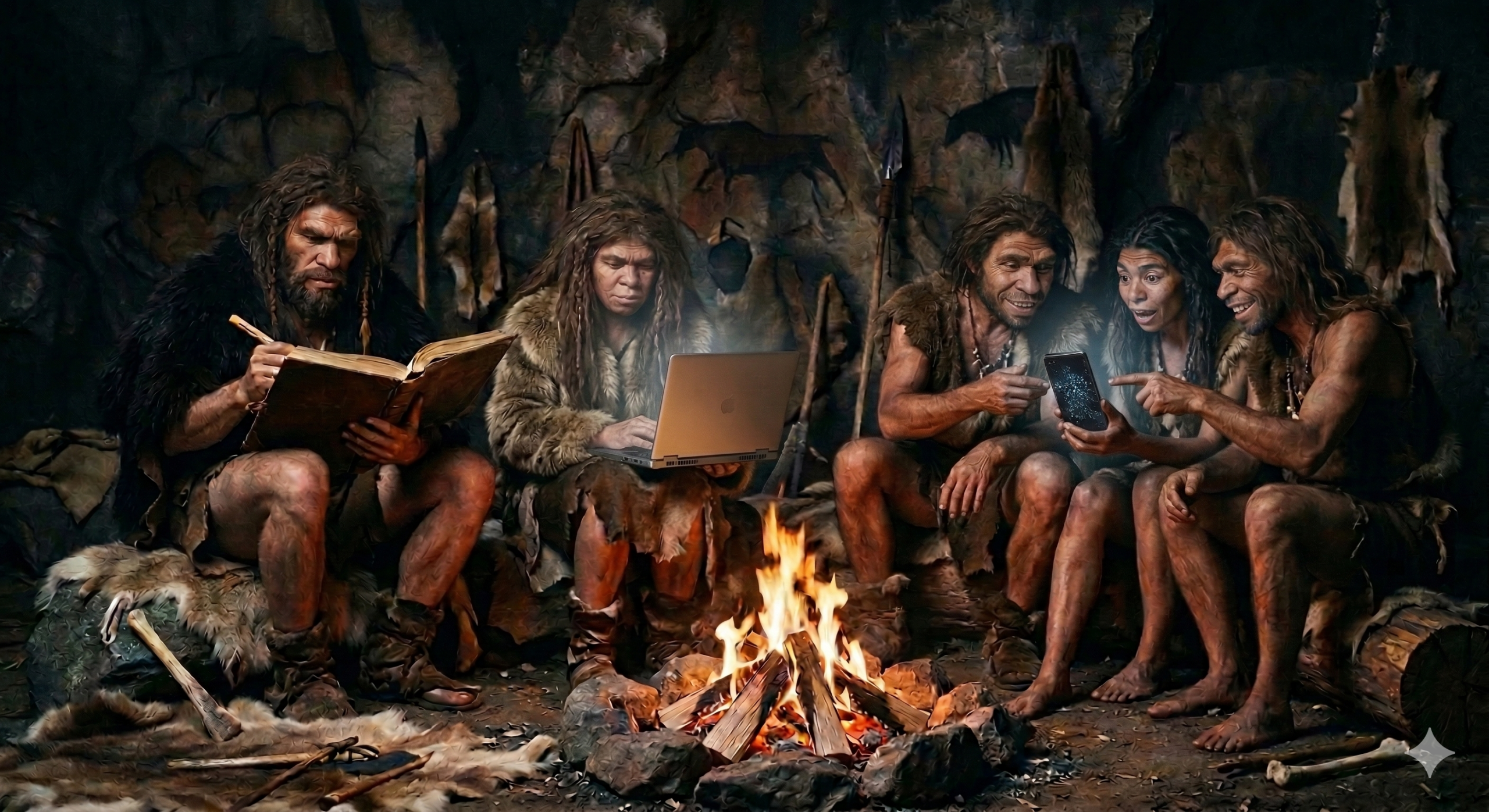 KI generert bilde av prehistoriske urmennesker som leser bøker og diskuterer.