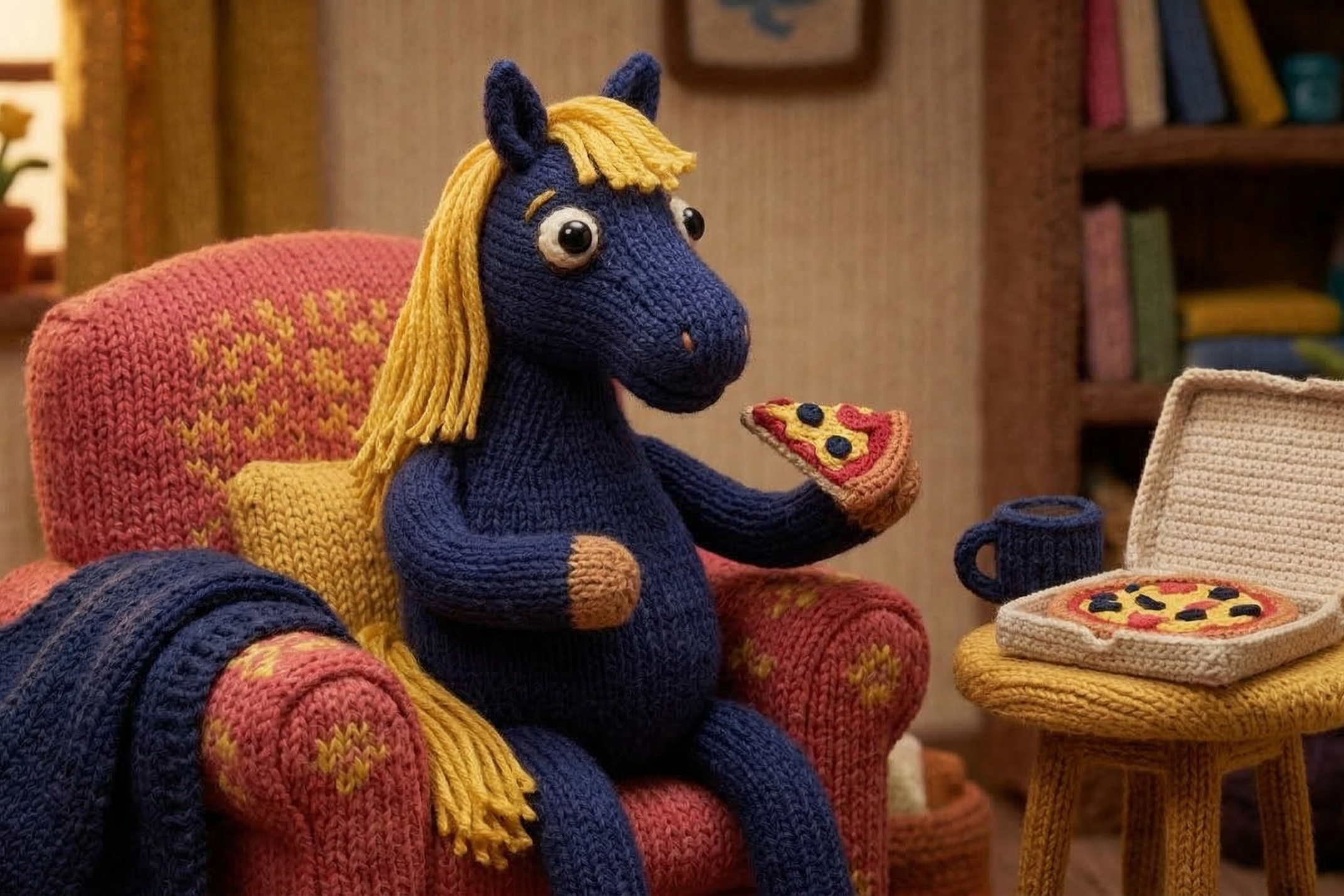 En strikket stop-motion-aktig hestedukke sitter i en lenestol og spiser pizza.