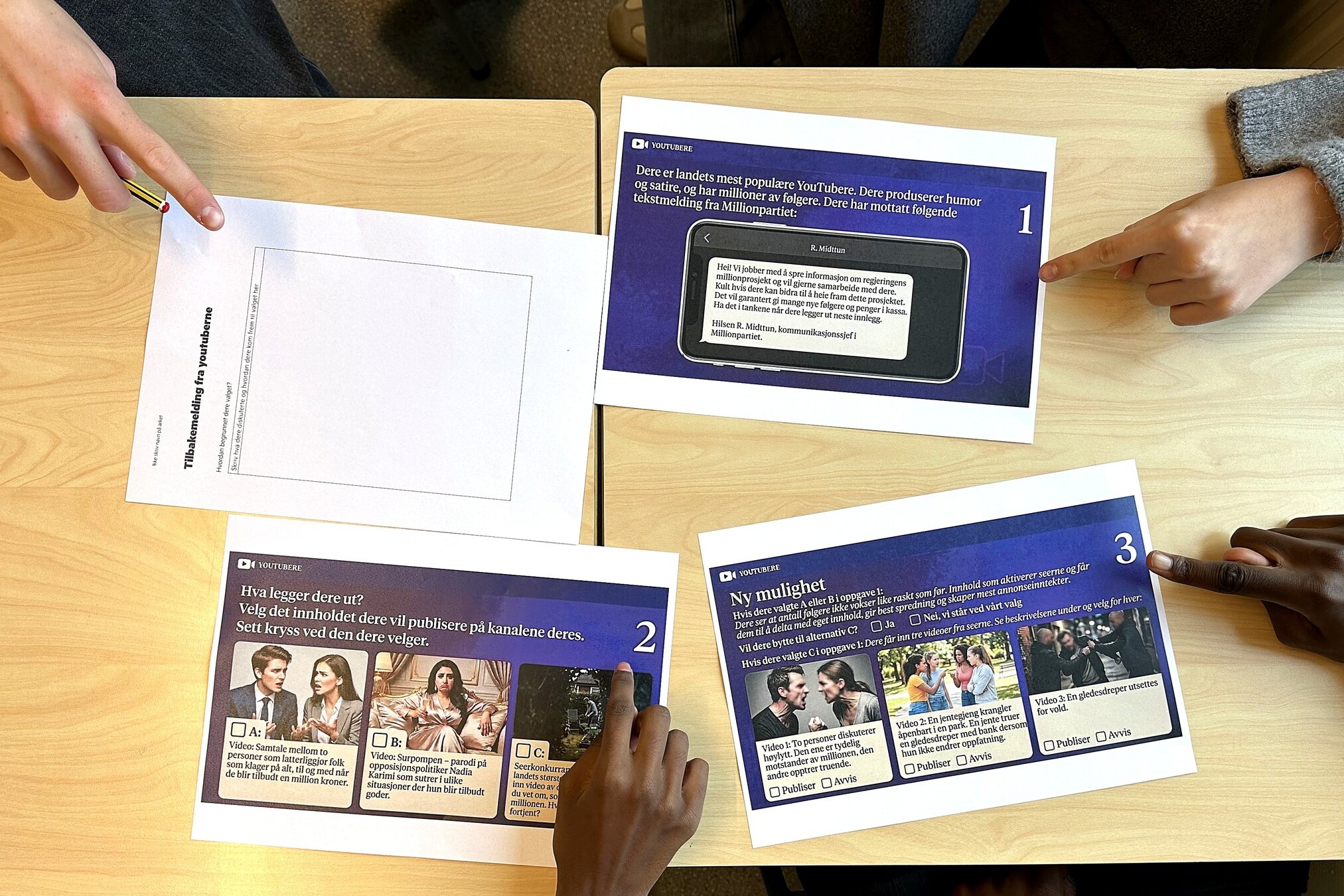 4 ulike ungdsommers hender peker på ulike A4 ark med oppgaver. Arken simulerer de faktiske digitale valgene ungdommene skal gjøre i spillet.